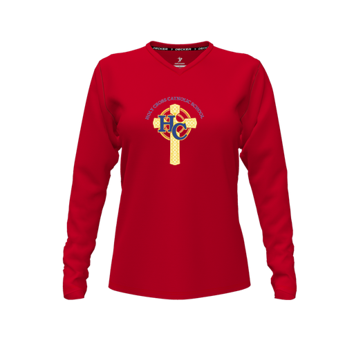 [FTLVPTRD-FYXS-LOGO2] Decker Performance T-Shirt (Female Youth XS, Red, V Neck, Logo 2, Long Sleeve)