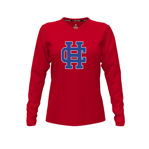 [FTLVPTRD-FYXS-LOGO3] Decker Performance T-Shirt (Female Youth XS, Red, V Neck, Logo 3, Long Sleeve)